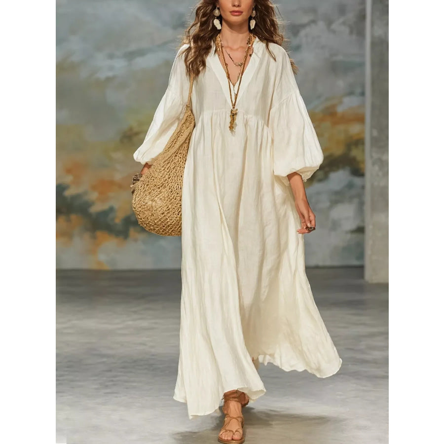 Full Size Notched 3/4 Sleeve Maxi Dress Plus Off-white / S Apparel and Accessories