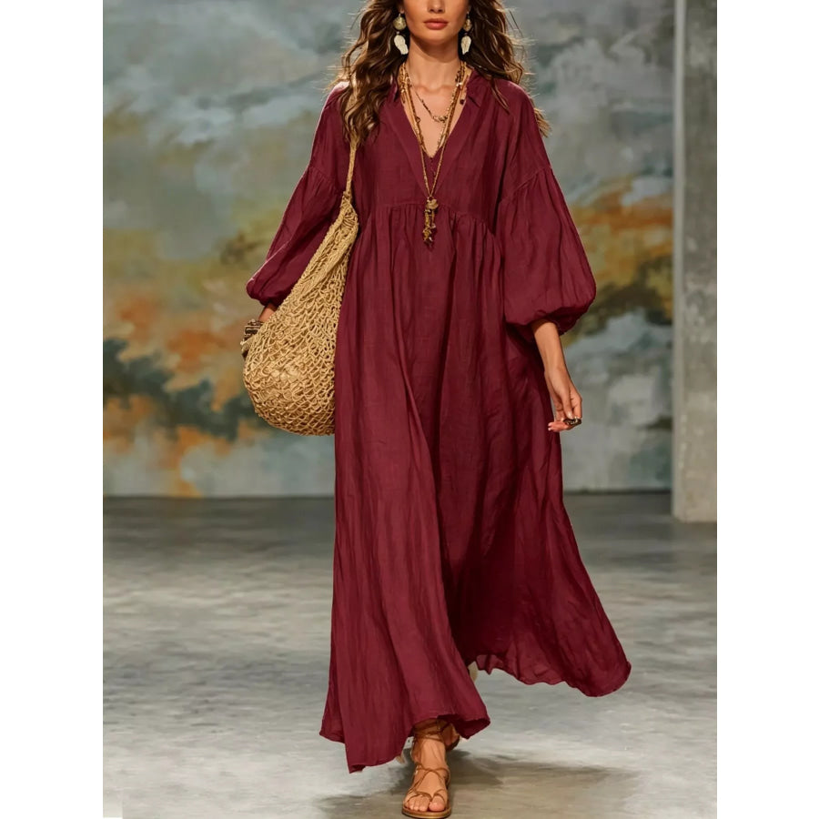Full Size Notched 3/4 Sleeve Maxi Dress Plus Wine Red / S Apparel and Accessories