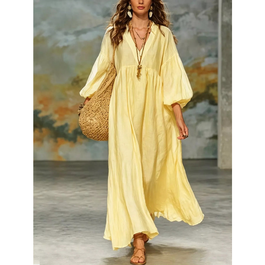 Full Size Notched 3/4 Sleeve Maxi Dress Plus Yellow / S Apparel and Accessories