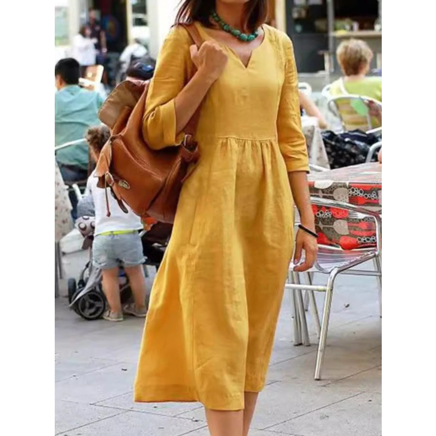 Full Size Notched 3/4 Sleeve Midi Dress Plus Size Apparel and Accessories