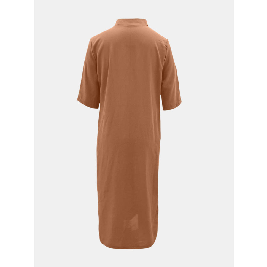 Full Size Notched Half Sleeve Midi Dress Apparel and Accessories