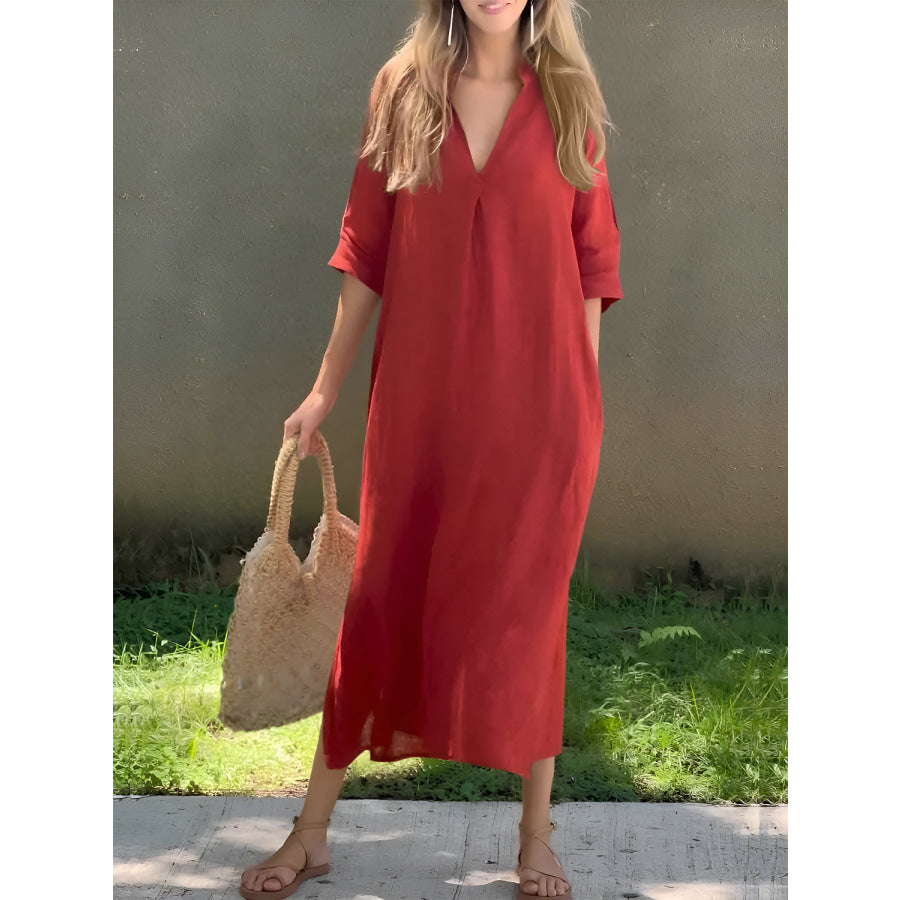 Full Size Notched Half Sleeve Midi Dress Deep Red / S Apparel and Accessories