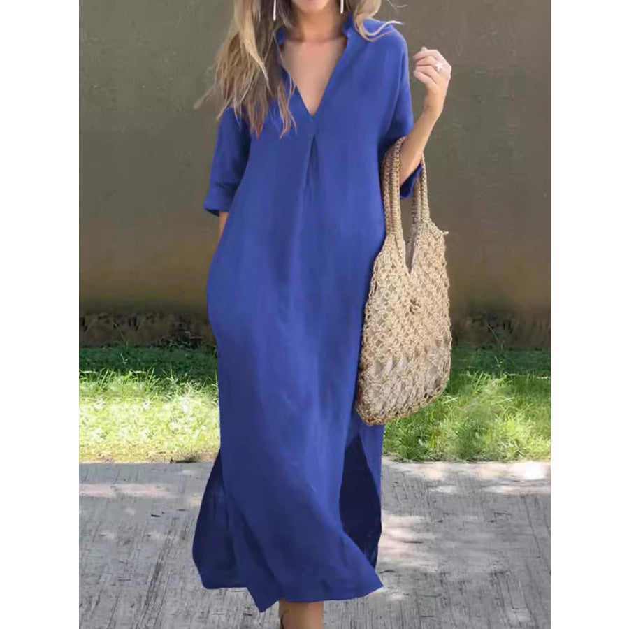 Full Size Notched Half Sleeve Midi Dress Apparel and Accessories