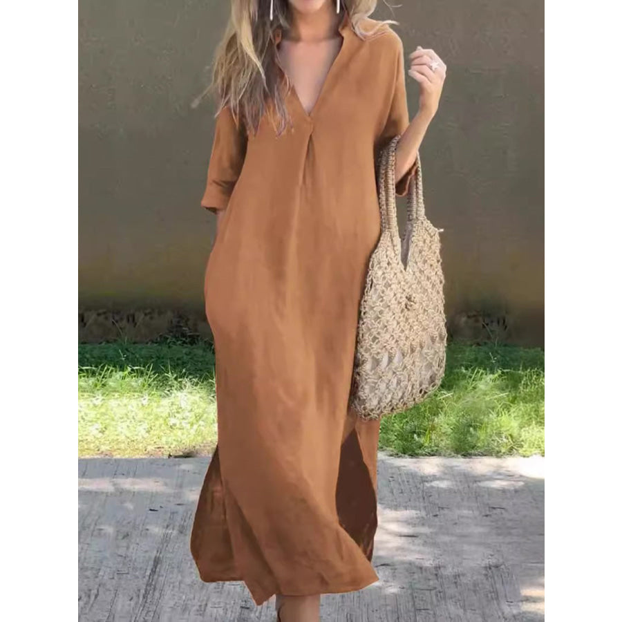 Full Size Notched Half Sleeve Midi Dress Apparel and Accessories