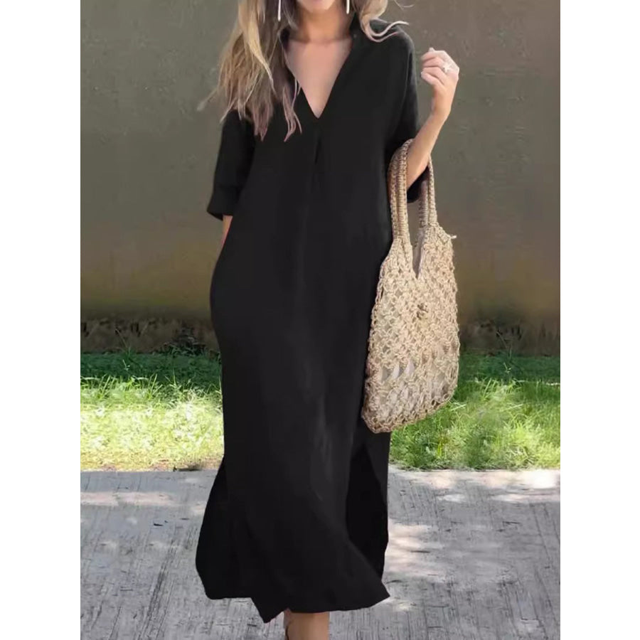 Full Size Notched Half Sleeve Midi Dress Black / S Apparel and Accessories