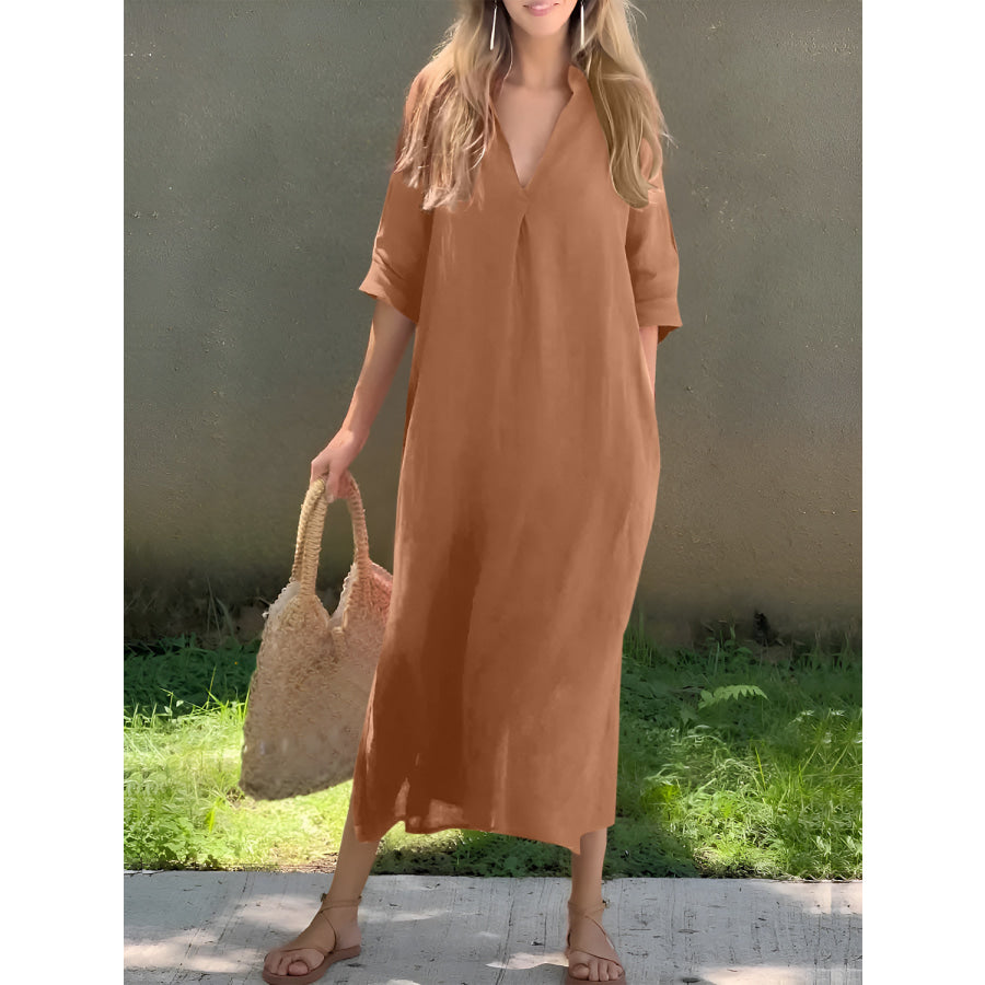 Full Size Notched Half Sleeve Midi Dress Camel / S Apparel and Accessories