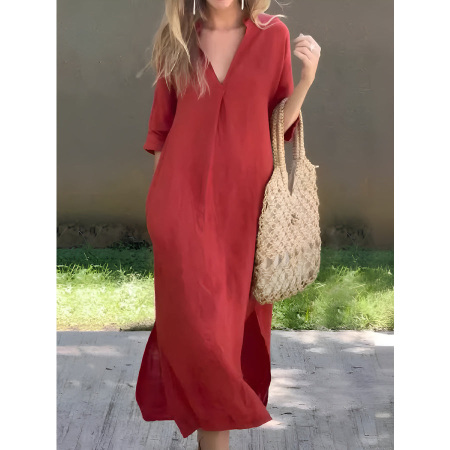 Full Size Notched Half Sleeve Midi Dress Deep Red / S Apparel and Accessories