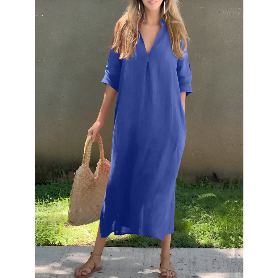 Full Size Notched Half Sleeve Midi Dress Royal Blue / S Apparel and Accessories