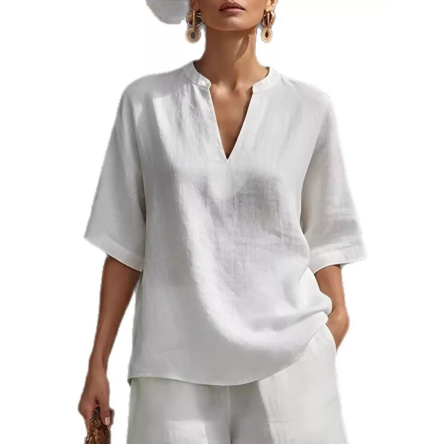 Full Size Notched Half Sleeve Top and Shorts Set Plus Size Apparel and Accessories