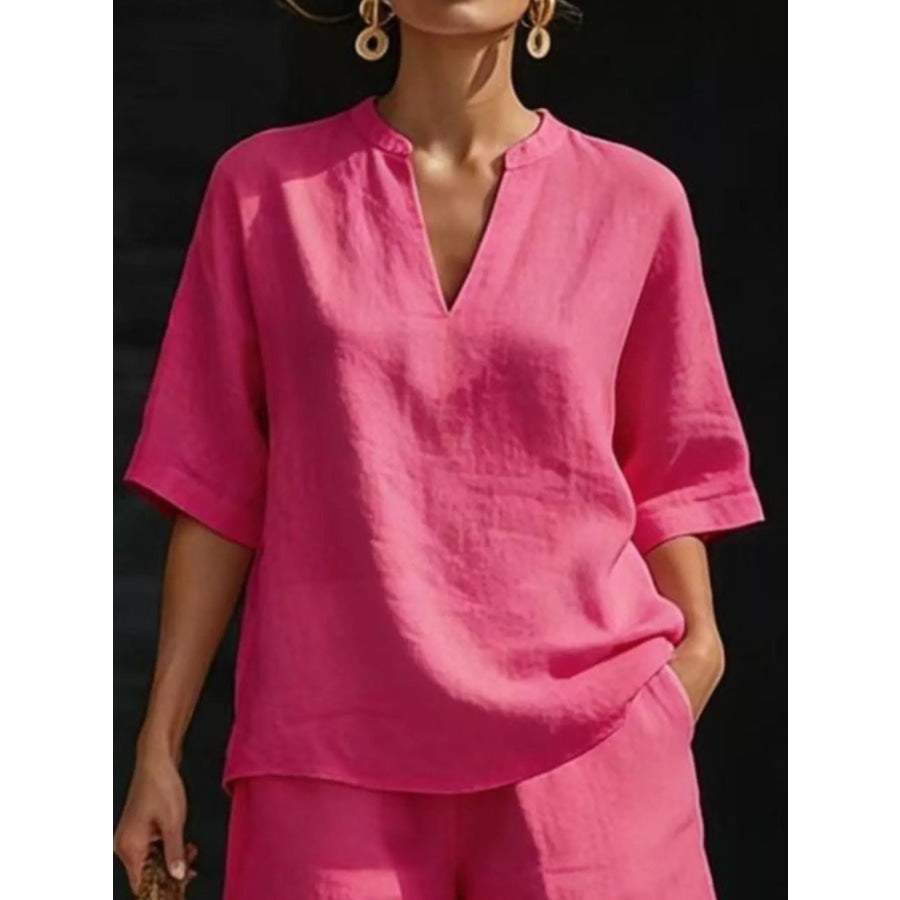 Full Size Notched Half Sleeve Top and Shorts Set Plus Size Apparel and Accessories