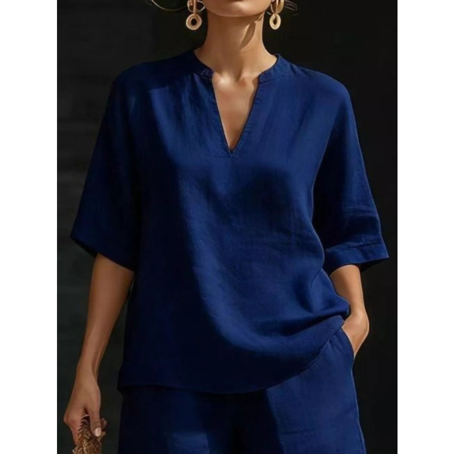 Full Size Notched Half Sleeve Top and Shorts Set Plus Size Apparel and Accessories
