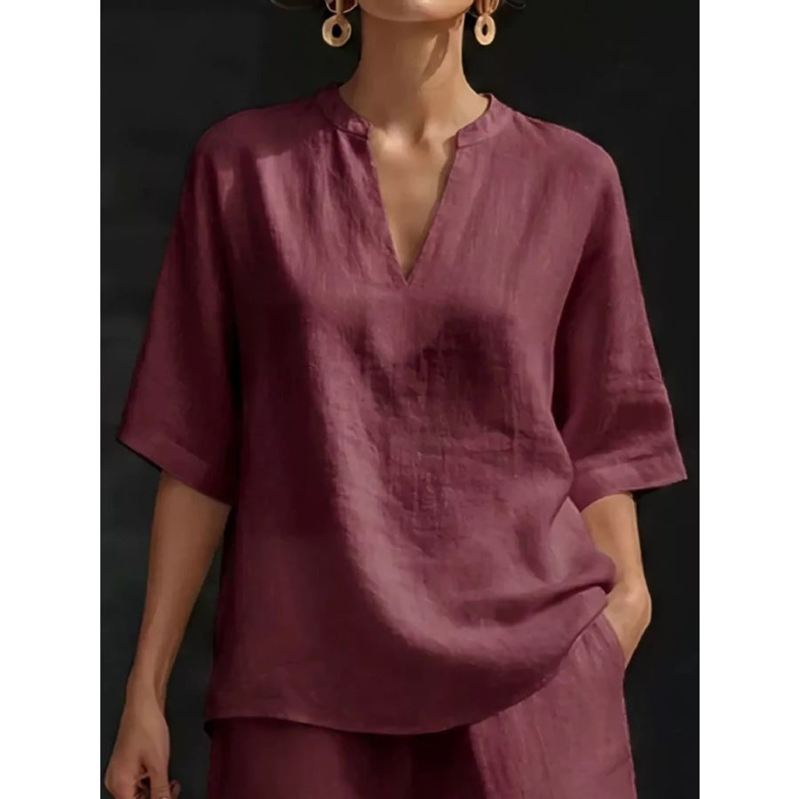 Full Size Notched Half Sleeve Top and Shorts Set Plus Size Apparel and Accessories