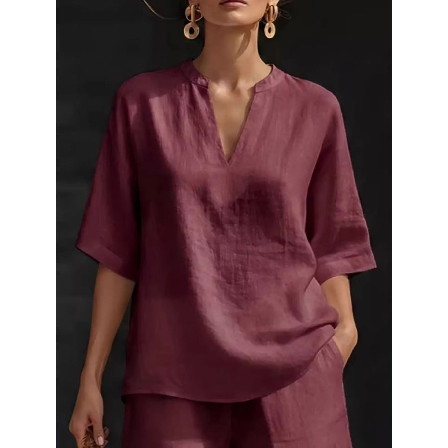 Full Size Notched Half Sleeve Top and Shorts Set Plus Size Apparel and Accessories
