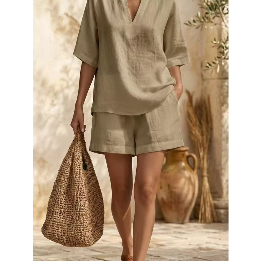 Full Size Notched Half Sleeve Top and Shorts Set Plus Size Apparel and Accessories