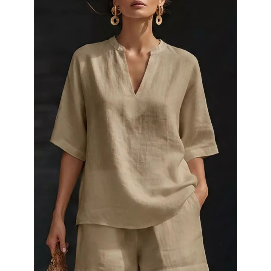 Full Size Notched Half Sleeve Top and Shorts Set Plus Size Apparel and Accessories
