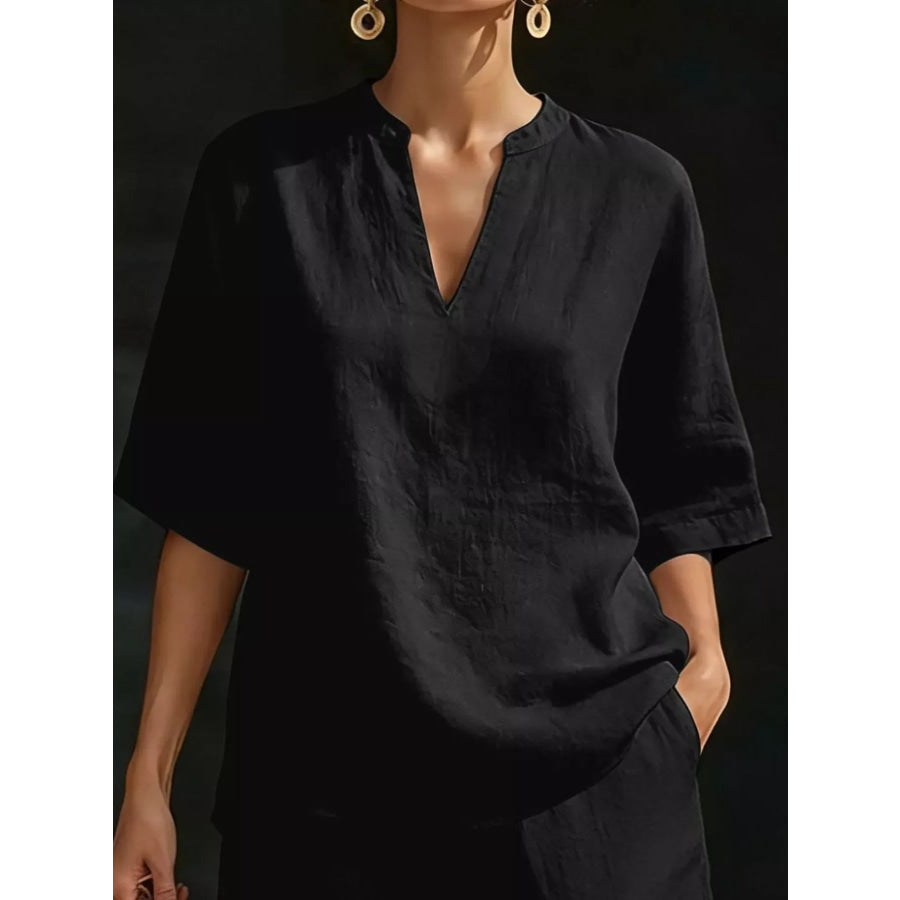 Full Size Notched Half Sleeve Top and Shorts Set Plus Size Apparel and Accessories