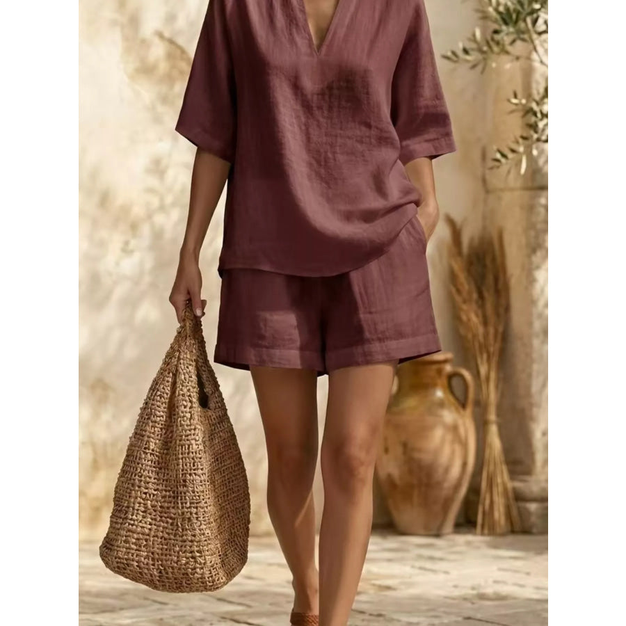 Full Size Notched Half Sleeve Top and Shorts Set Plus Size Apparel and Accessories