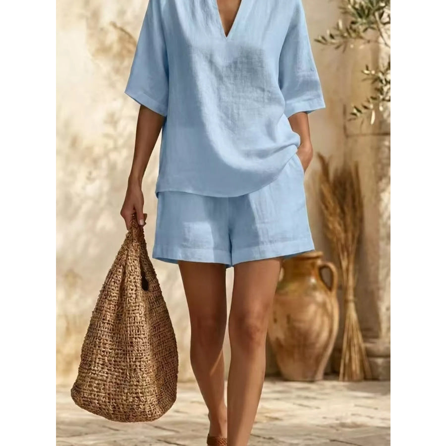 Full Size Notched Half Sleeve Top and Shorts Set Plus Size Apparel and Accessories