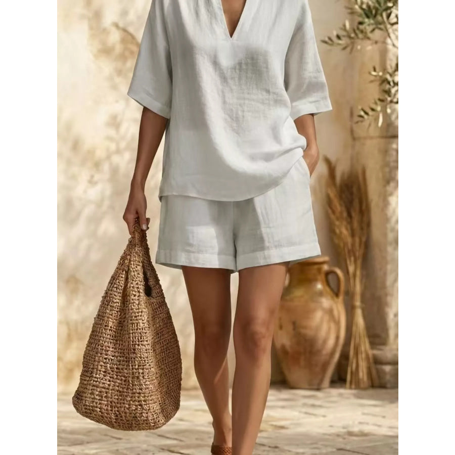 Full Size Notched Half Sleeve Top and Shorts Set Plus Size Apparel and Accessories