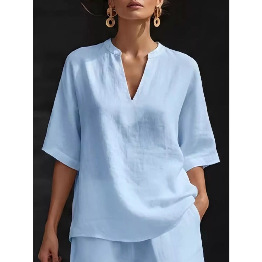 Full Size Notched Half Sleeve Top and Shorts Set Plus Size Apparel and Accessories