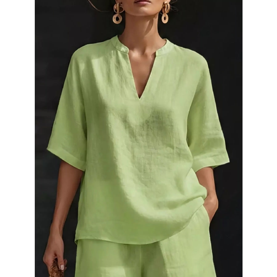 Full Size Notched Half Sleeve Top and Shorts Set Plus Size Apparel and Accessories