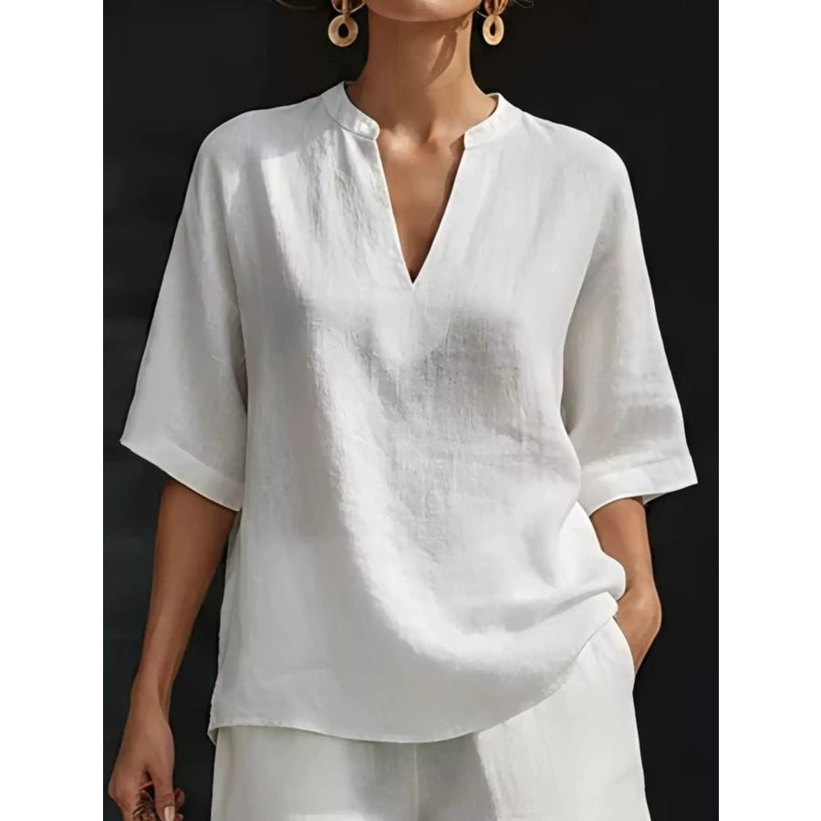 Full Size Notched Half Sleeve Top and Shorts Set Plus Size Apparel and Accessories