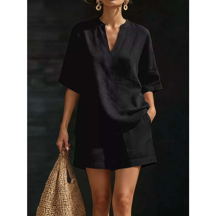 Full Size Notched Half Sleeve Top and Shorts Set Plus Size Black / S Apparel and Accessories