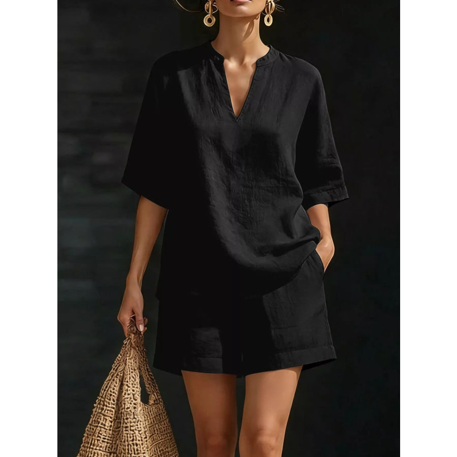 Full Size Notched Half Sleeve Top and Shorts Set Plus Size Black / S Apparel and Accessories
