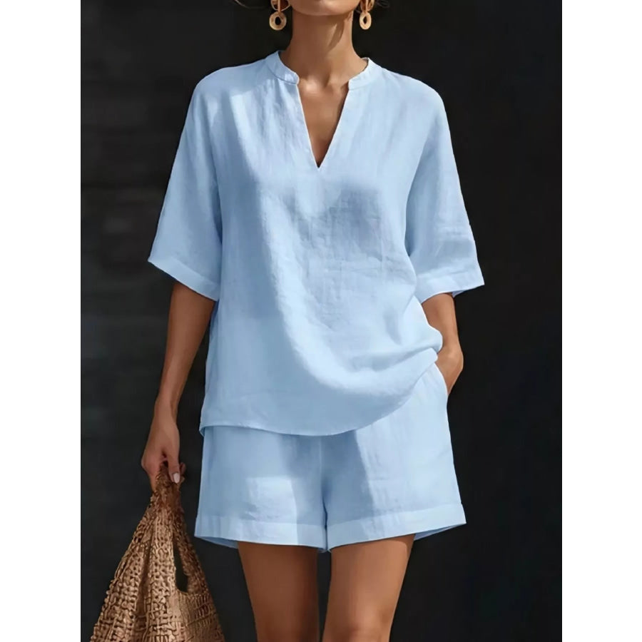 Full Size Notched Half Sleeve Top and Shorts Set Plus Size Blue / S Apparel and Accessories