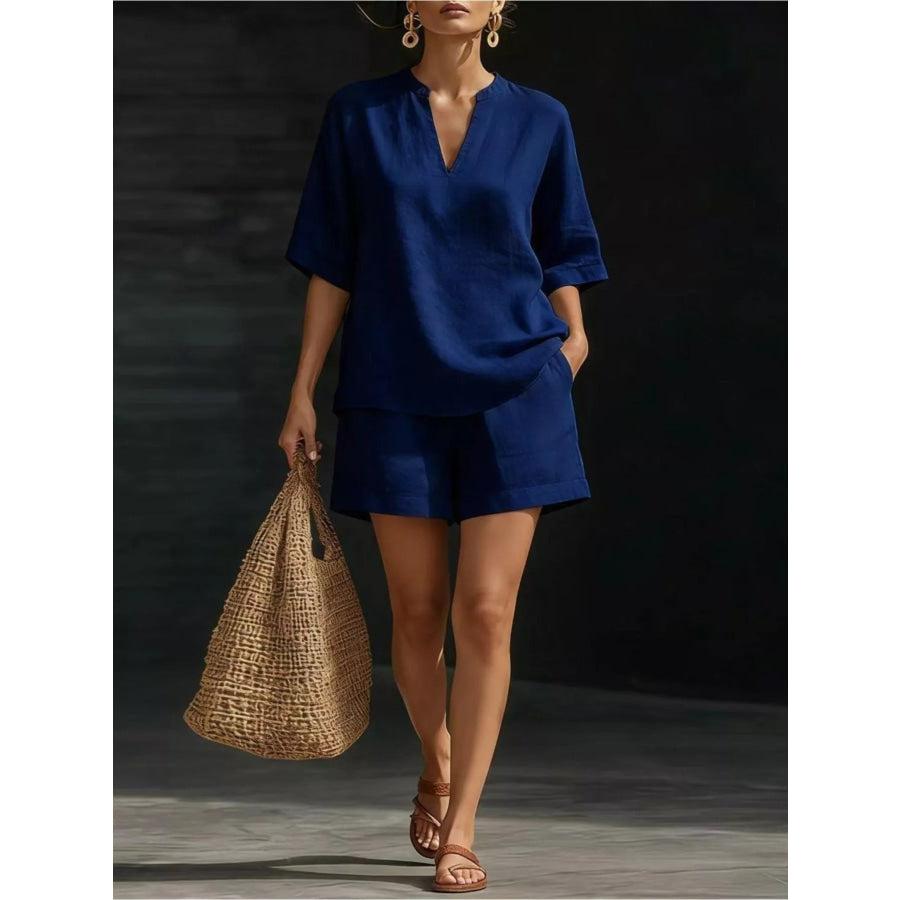 Full Size Notched Half Sleeve Top and Shorts Set Plus Size Dark Blue / S Apparel and Accessories