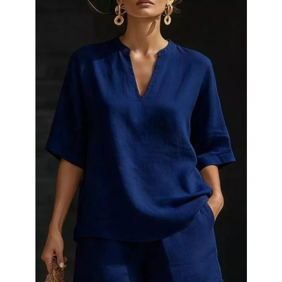 Full Size Notched Half Sleeve Top and Shorts Set Plus Size Dark Blue / S Apparel and Accessories