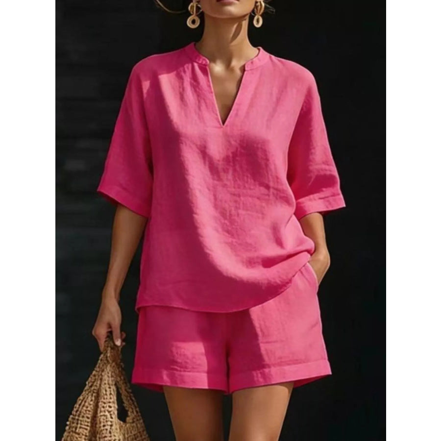 Full Size Notched Half Sleeve Top and Shorts Set Plus Size Fuchsia Pink / S Apparel and Accessories