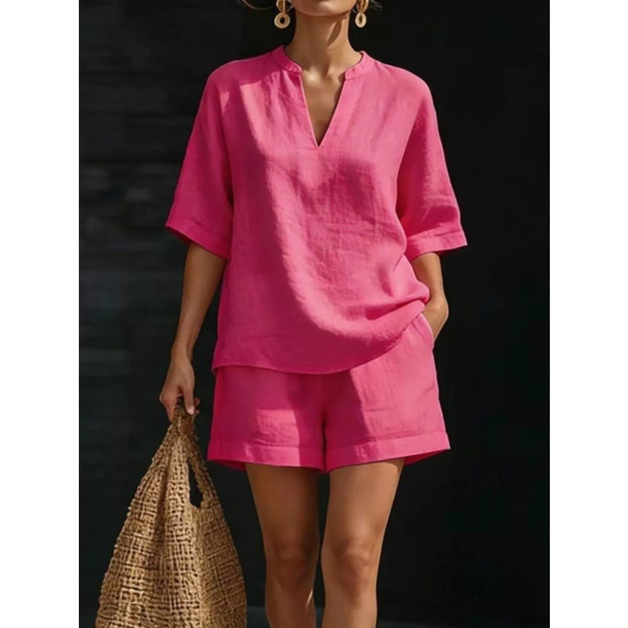 Full Size Notched Half Sleeve Top and Shorts Set Plus Size Fuchsia Pink / S Apparel and Accessories