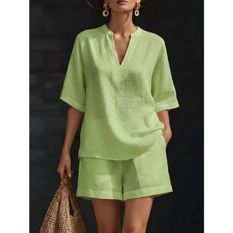 Full Size Notched Half Sleeve Top and Shorts Set Plus Size Green / S Apparel and Accessories