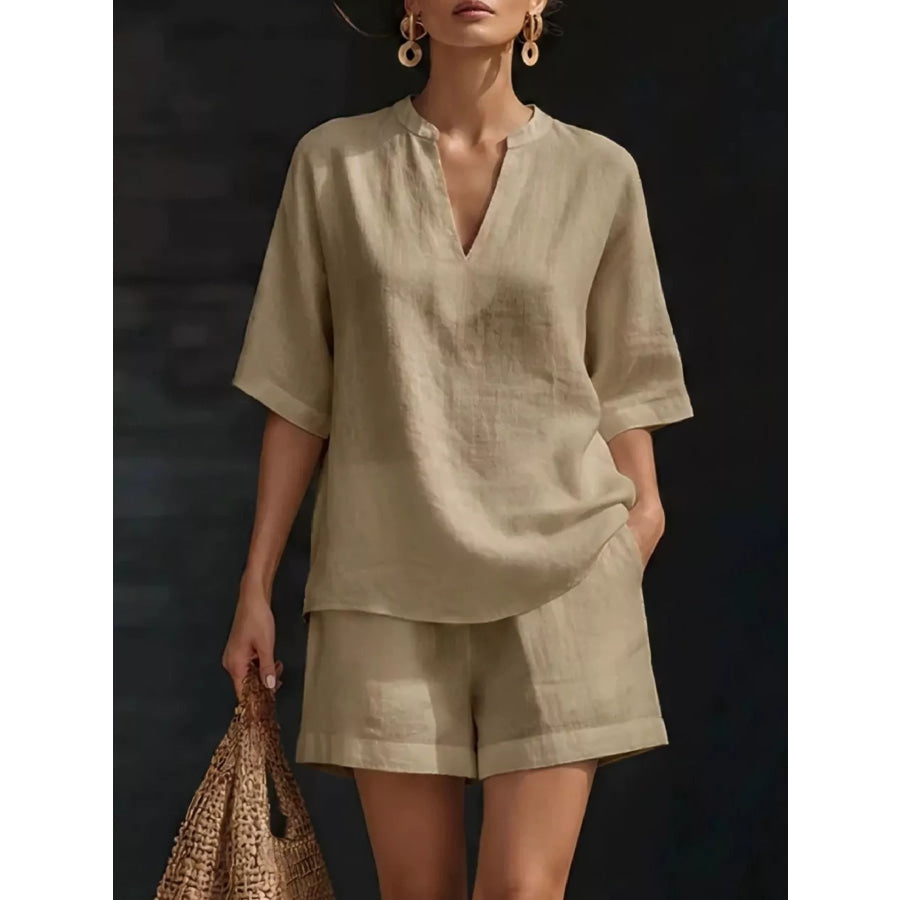 Full Size Notched Half Sleeve Top and Shorts Set Plus Size Khaki / S Apparel and Accessories