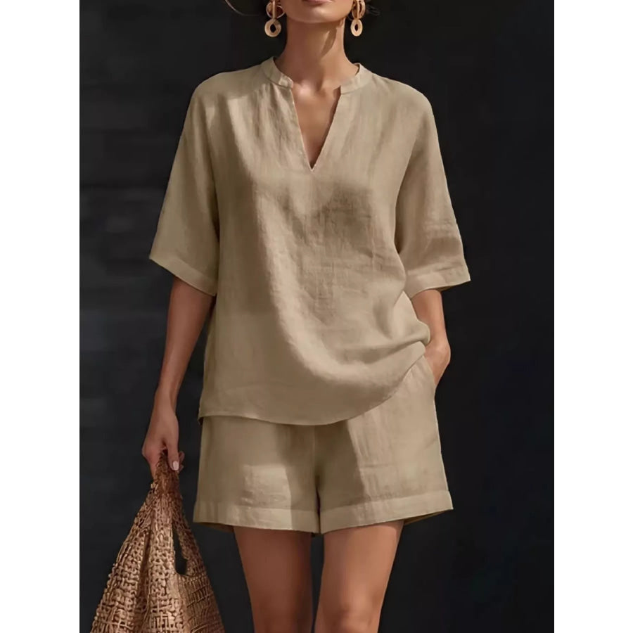 Full Size Notched Half Sleeve Top and Shorts Set Plus Size Khaki / S Apparel and Accessories