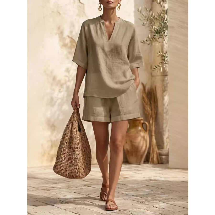 Full Size Notched Half Sleeve Top and Shorts Set Plus Size Khaki / XS Apparel and Accessories