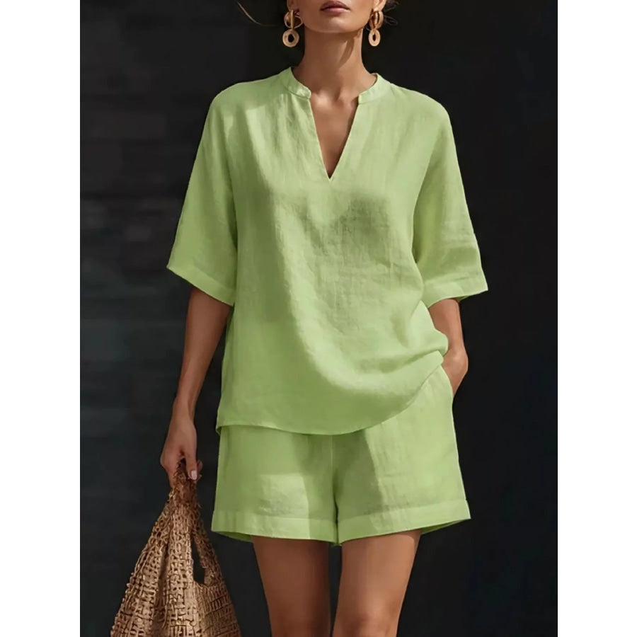 Full Size Notched Half Sleeve Top and Shorts Set Plus Size Light Green / S Apparel and Accessories