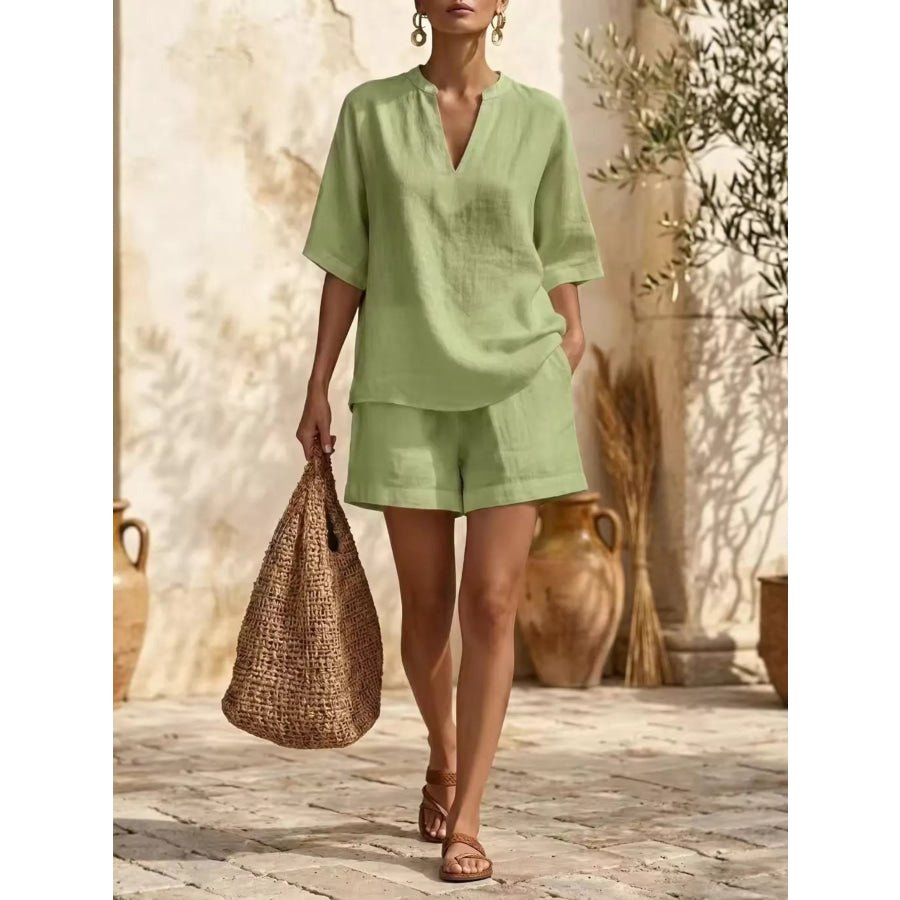 Full Size Notched Half Sleeve Top and Shorts Set Plus Size Light Green / XS Apparel and Accessories