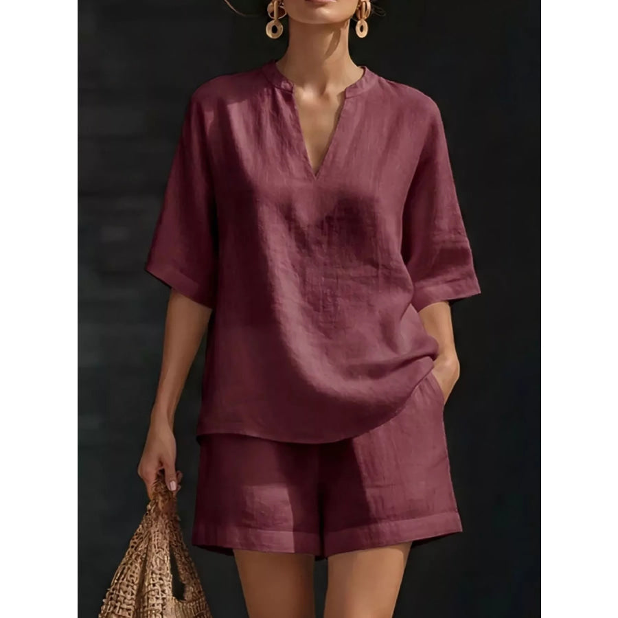 Full Size Notched Half Sleeve Top and Shorts Set Plus Size Red / S Apparel and Accessories