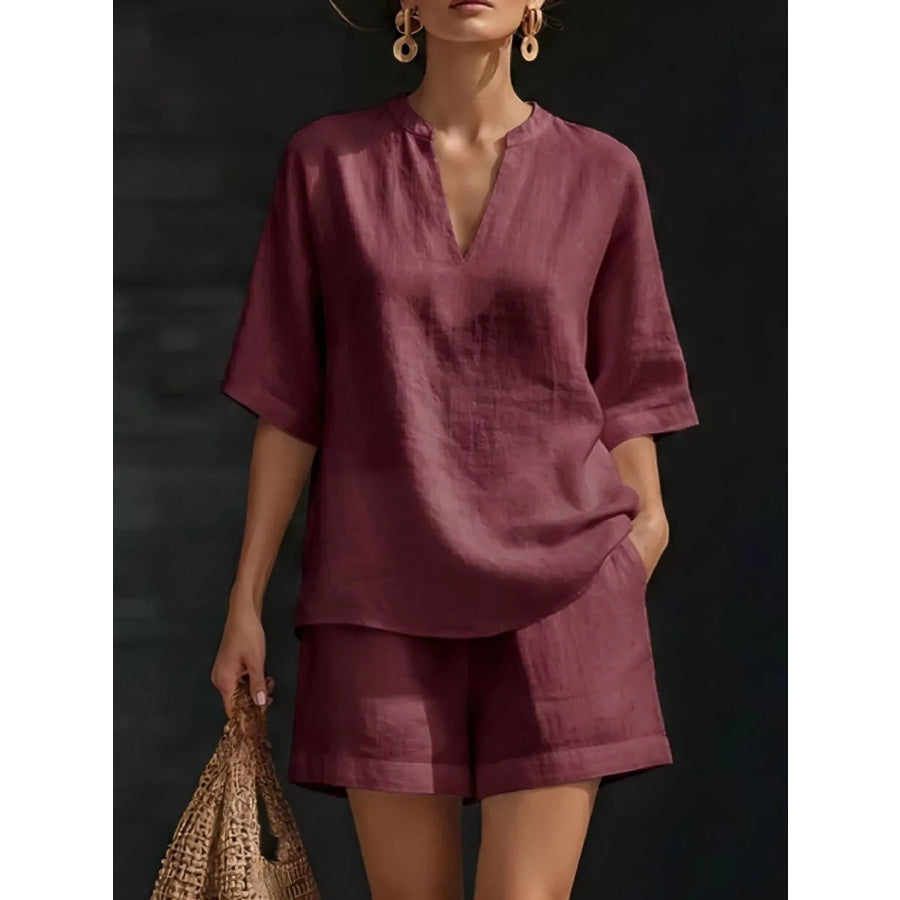 Full Size Notched Half Sleeve Top and Shorts Set Plus Size Red / S Apparel and Accessories