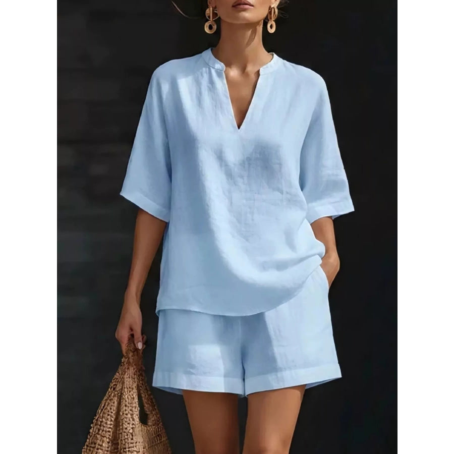 Full Size Notched Half Sleeve Top and Shorts Set Plus Size Sky Blue / S Apparel and Accessories