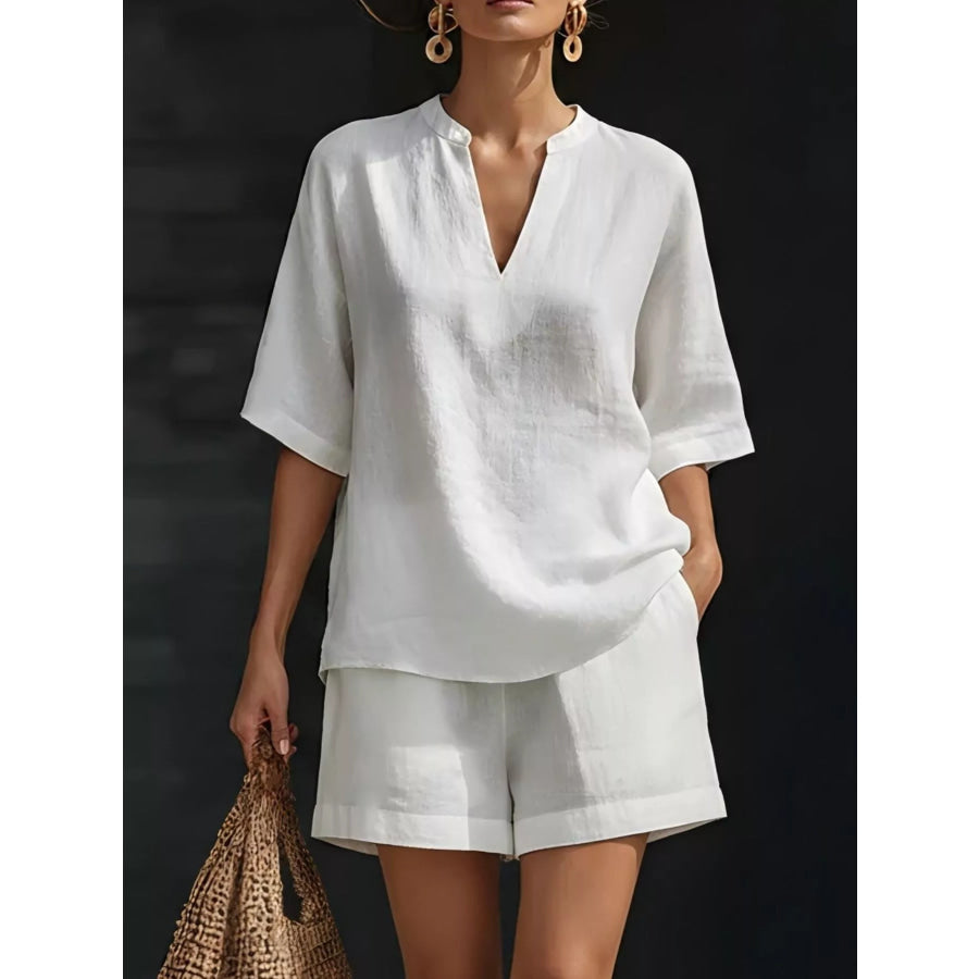 Full Size Notched Half Sleeve Top and Shorts Set Plus Size White / S Apparel and Accessories