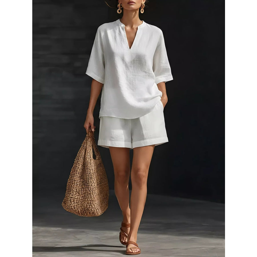Full Size Notched Half Sleeve Top and Shorts Set Plus Size White / S Apparel and Accessories