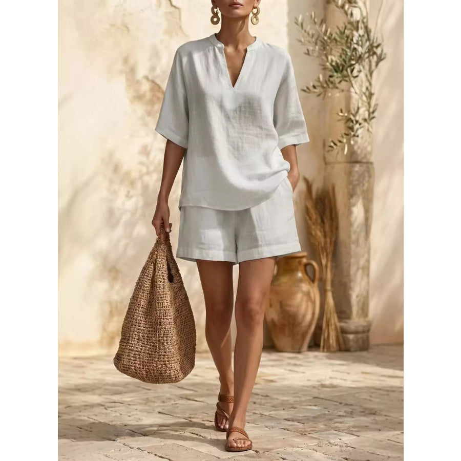 Full Size Notched Half Sleeve Top and Shorts Set Plus Size White / XS Apparel and Accessories
