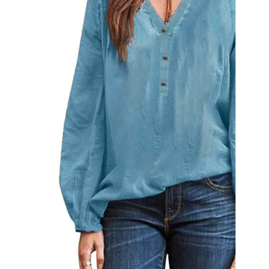 Full Size Notched Long Sleeve Blouse Plus Size Apparel and Accessories