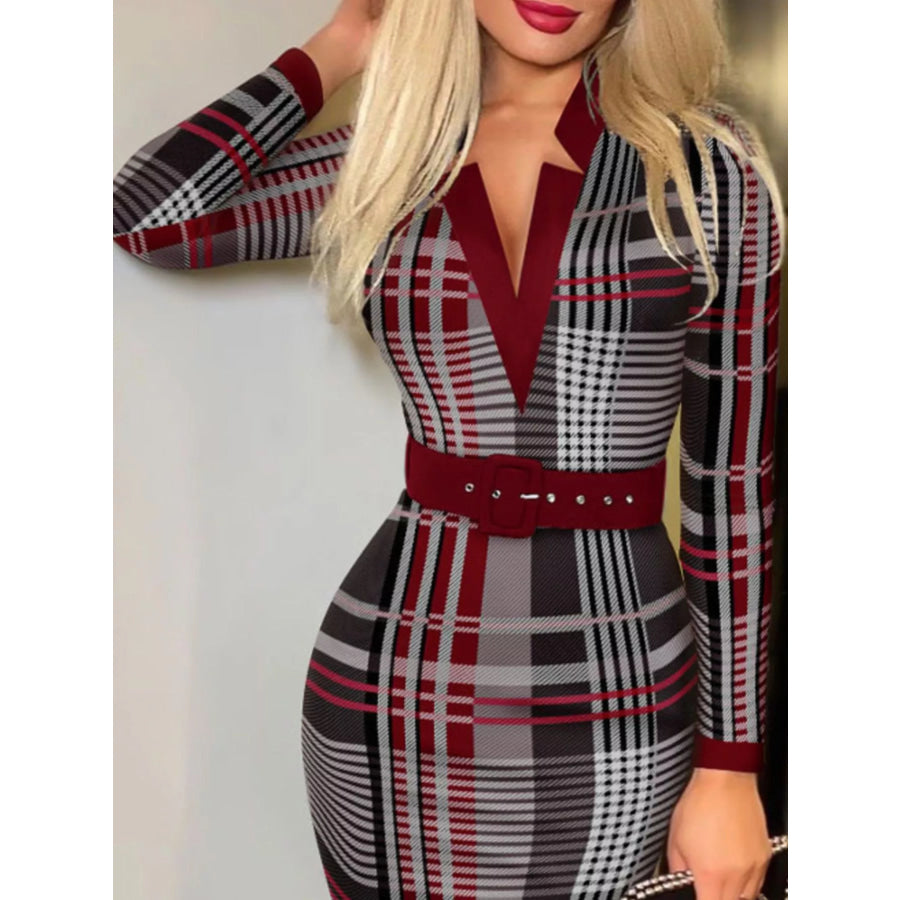 Full Size Notched Long Sleeve Dress Plus Size Apparel and Accessories