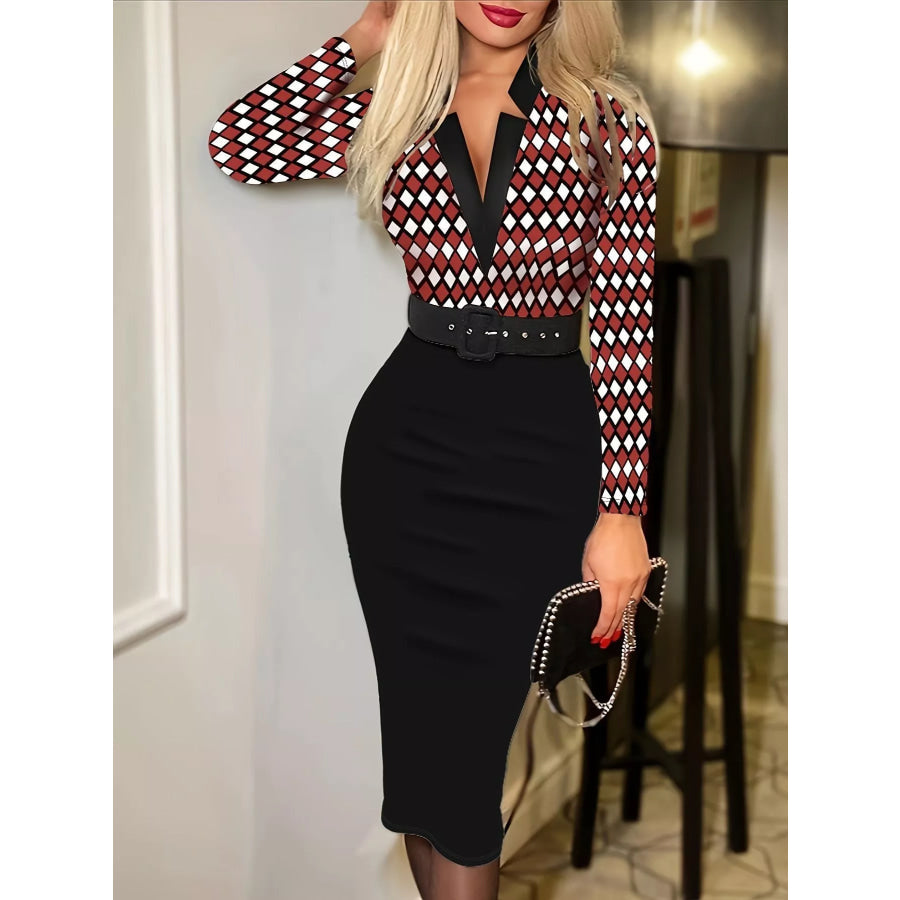 Full Size Notched Long Sleeve Dress Plus Size Apparel and Accessories