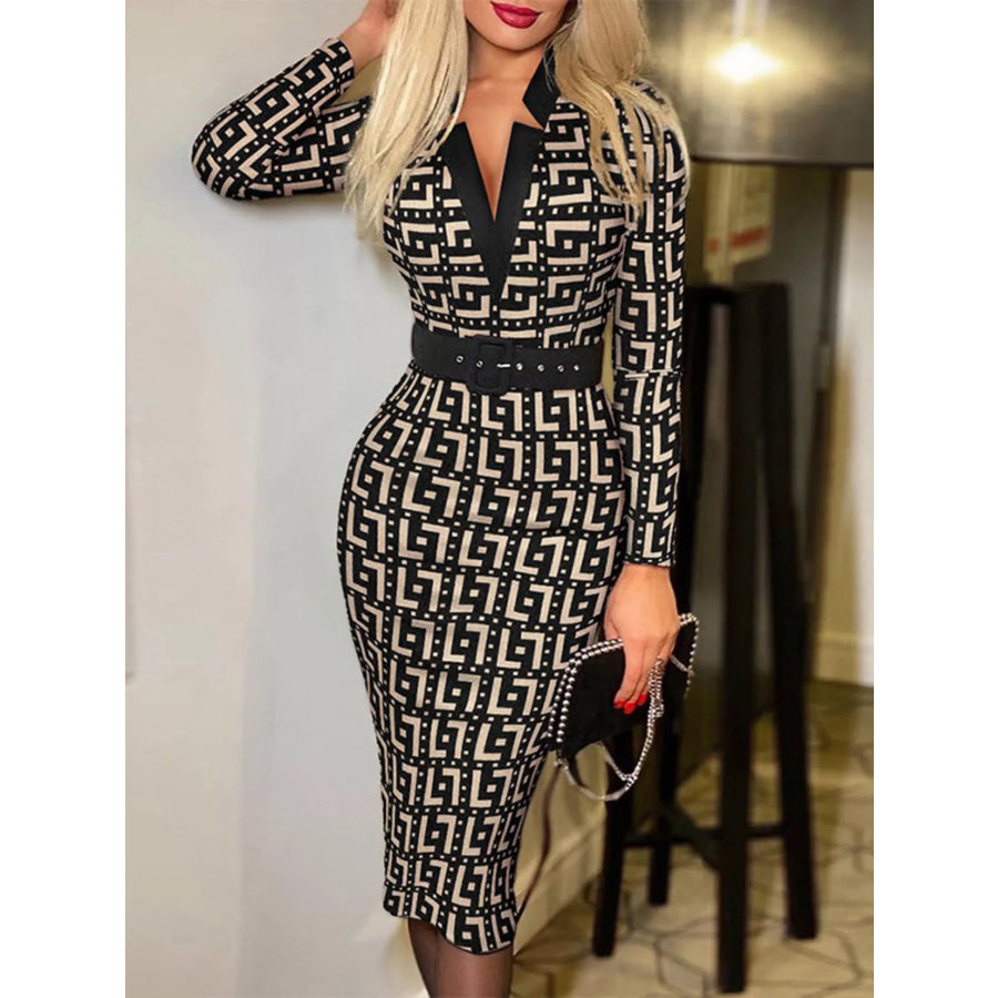 Full Size Notched Long Sleeve Dress Plus Size Geometric Pattern / S Apparel and Accessories