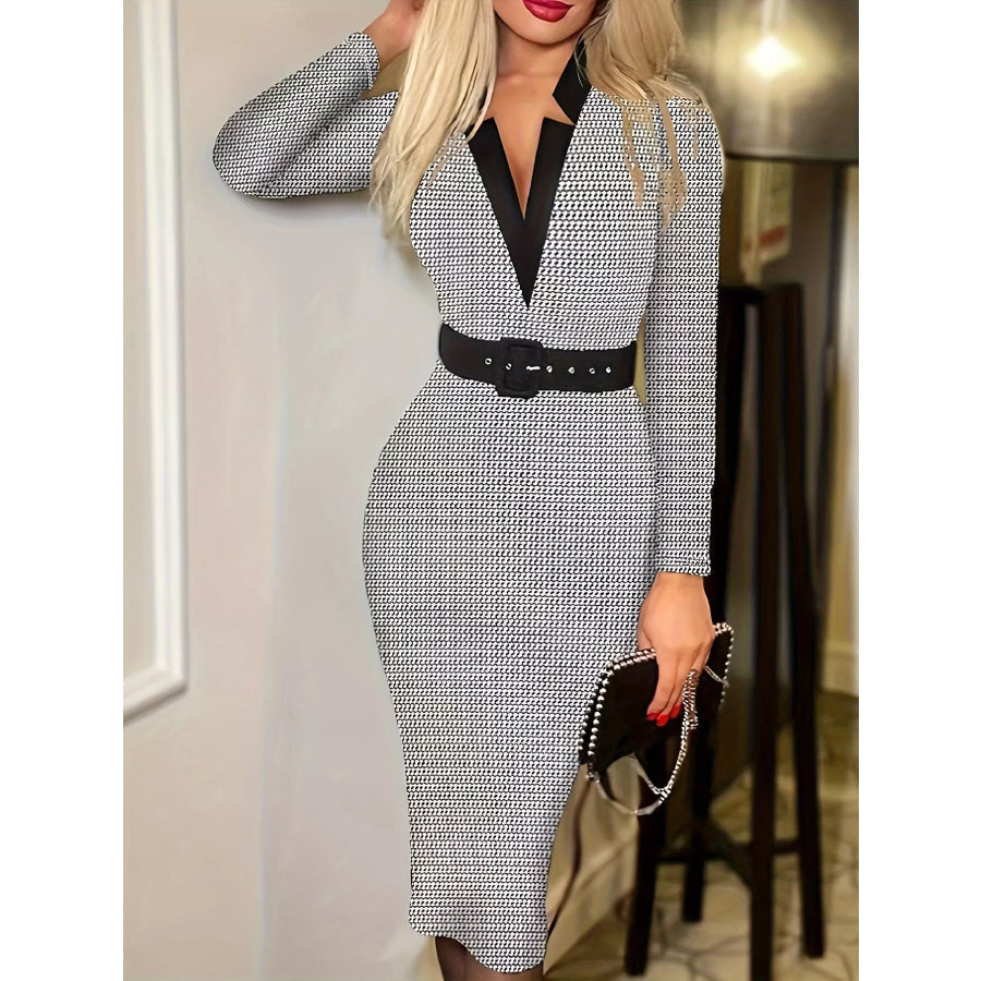 Full Size Notched Long Sleeve Dress Plus Size Houndstooth Pattern / S Apparel and Accessories